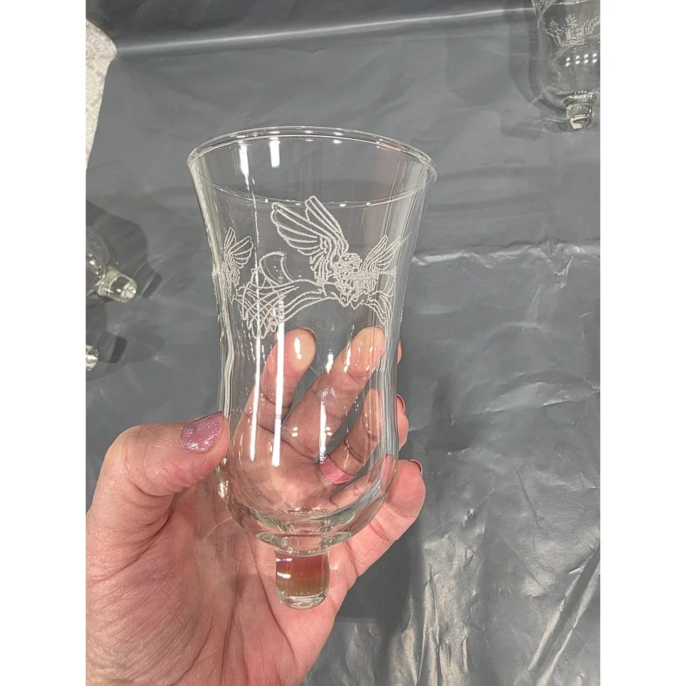 Set of 4 Clear Glass Candle Holders Etched Angel (2) & Horse Tree (1) Design MCM